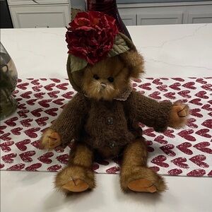 Charming Brown Teddy Bear with Red Floral Hat